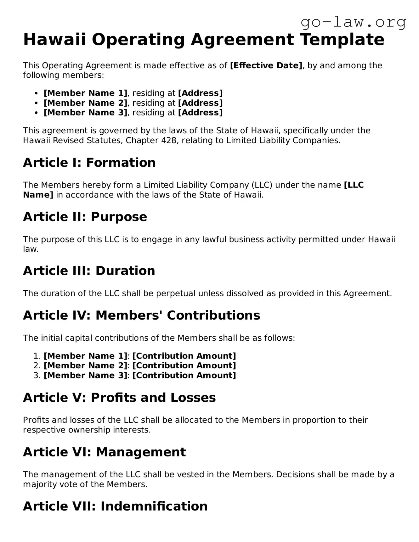 Fillable Hawaii Operating Agreement Form