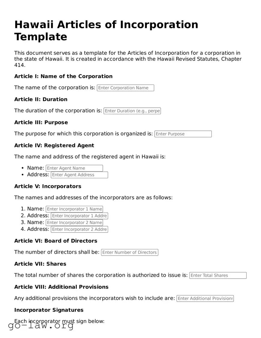 Fillable Hawaii Articles of Incorporation Form