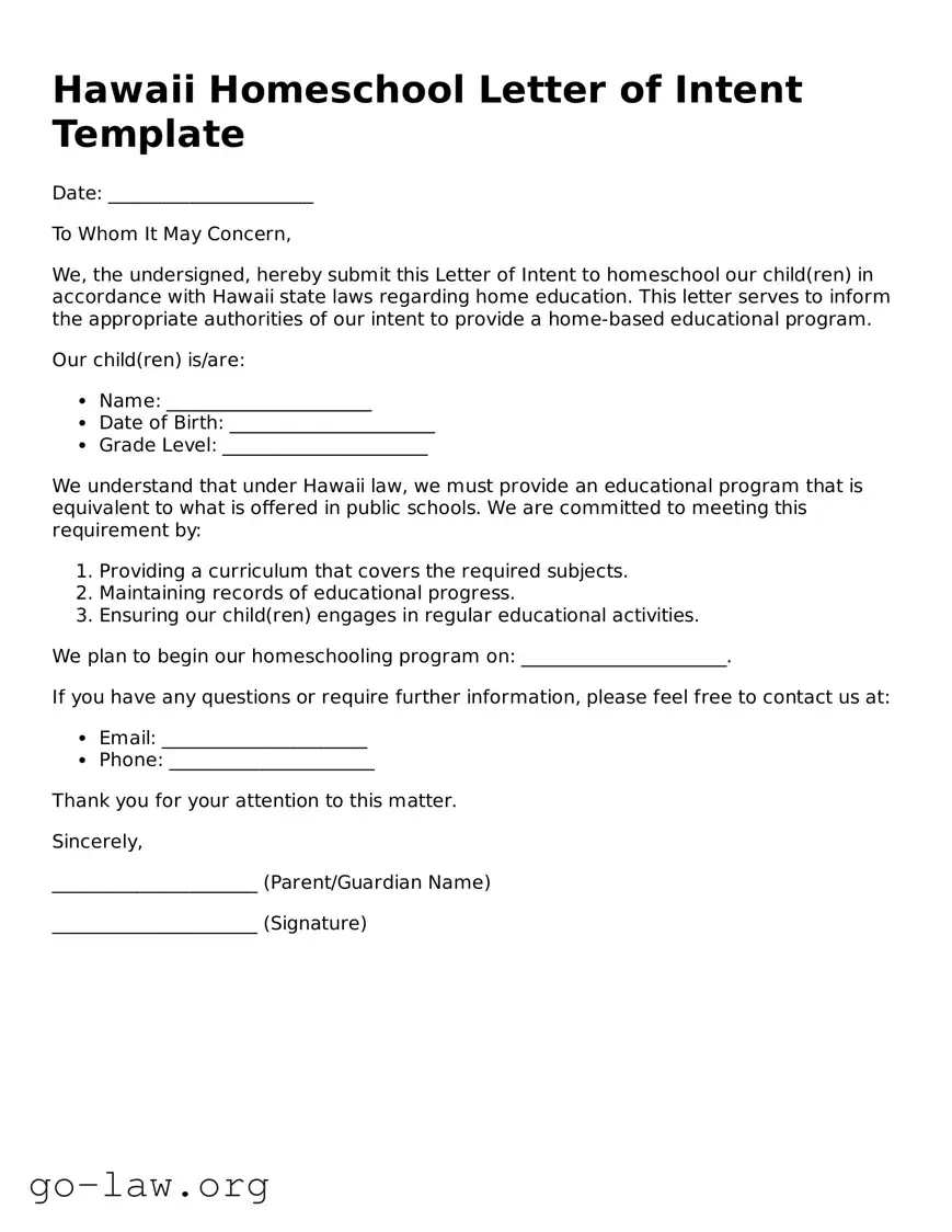 Fillable Hawaii Homeschool Letter of Intent Form