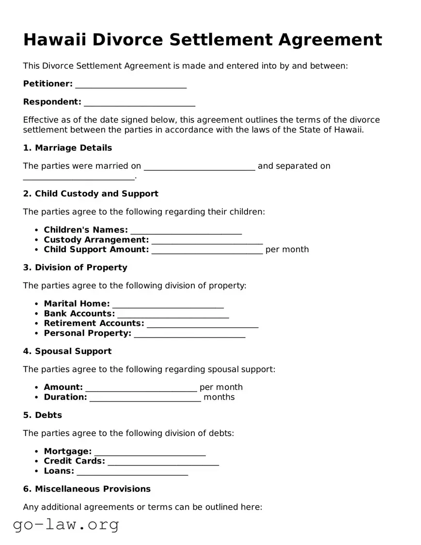 Fillable Hawaii Divorce Settlement Agreement Form