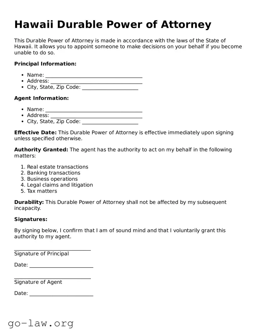 Fillable Hawaii Durable Power of Attorney Form