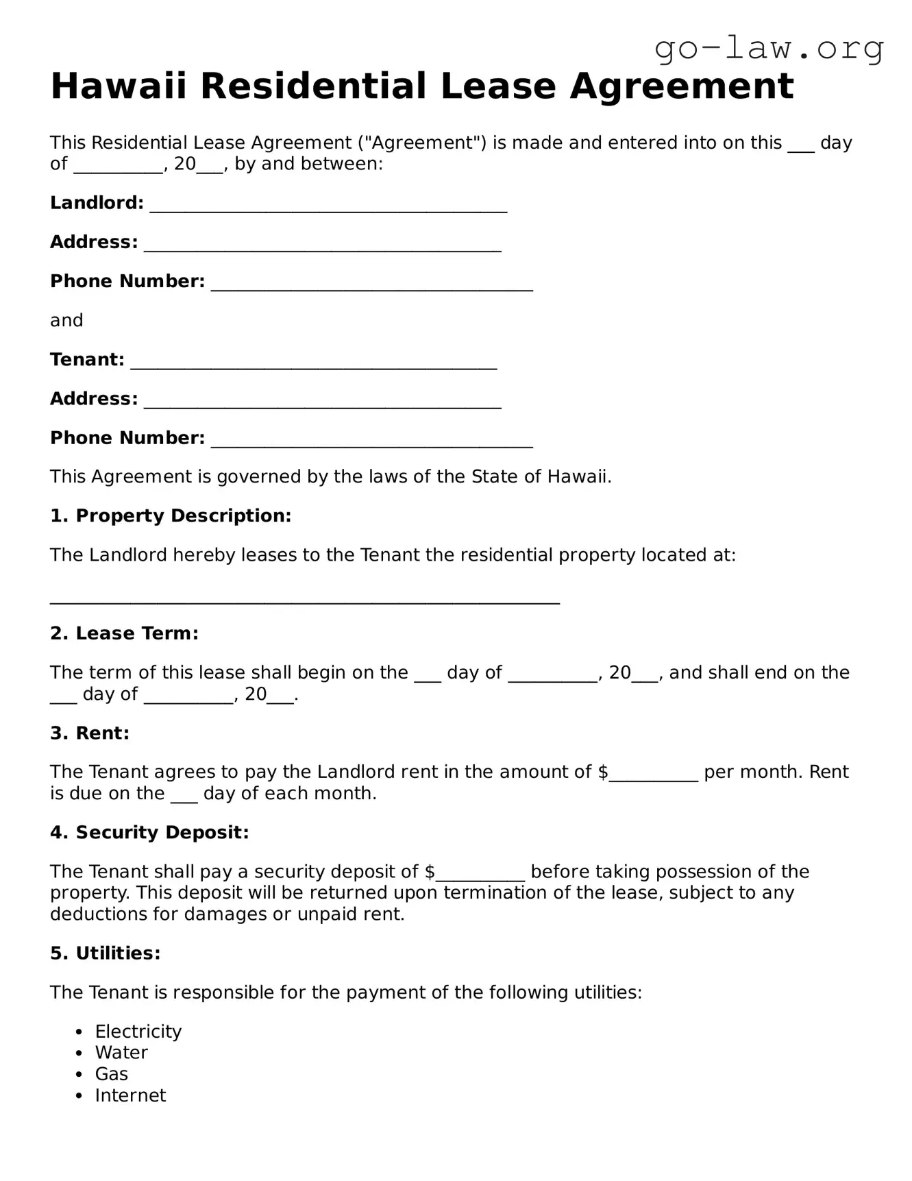 Fillable Hawaii Residential Lease Agreement Form