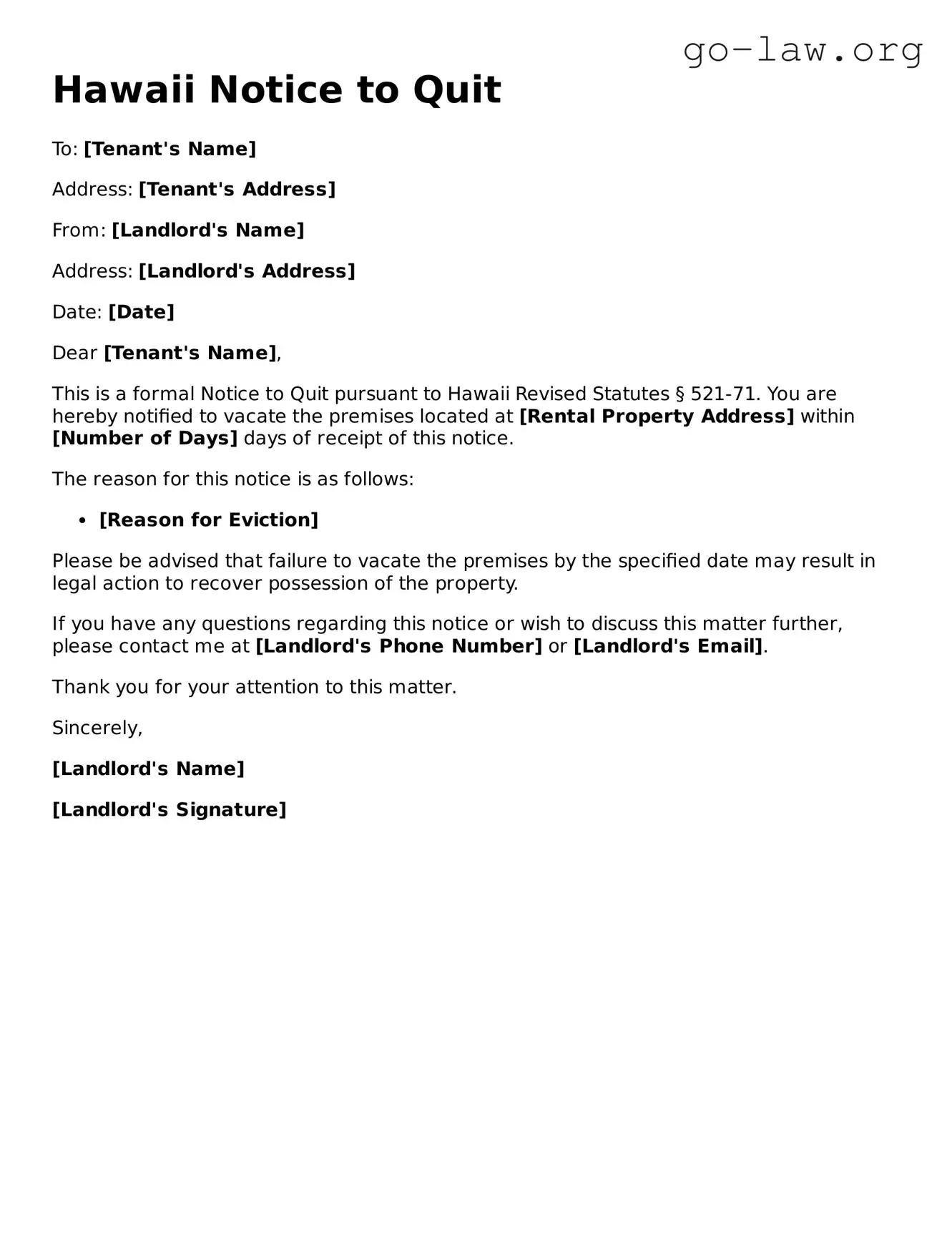 Fillable Hawaii Notice to Quit Form