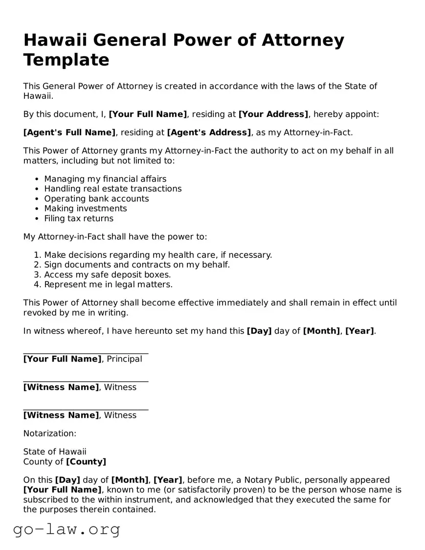 Fillable Hawaii General Power of Attorney Form