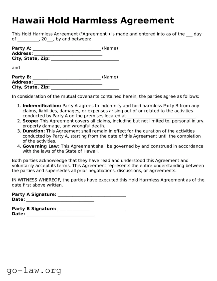Fillable Hawaii Hold Harmless Agreement Form