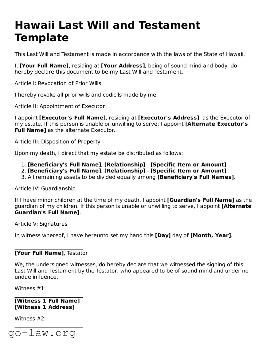 Fillable Hawaii Last Will and Testament Form