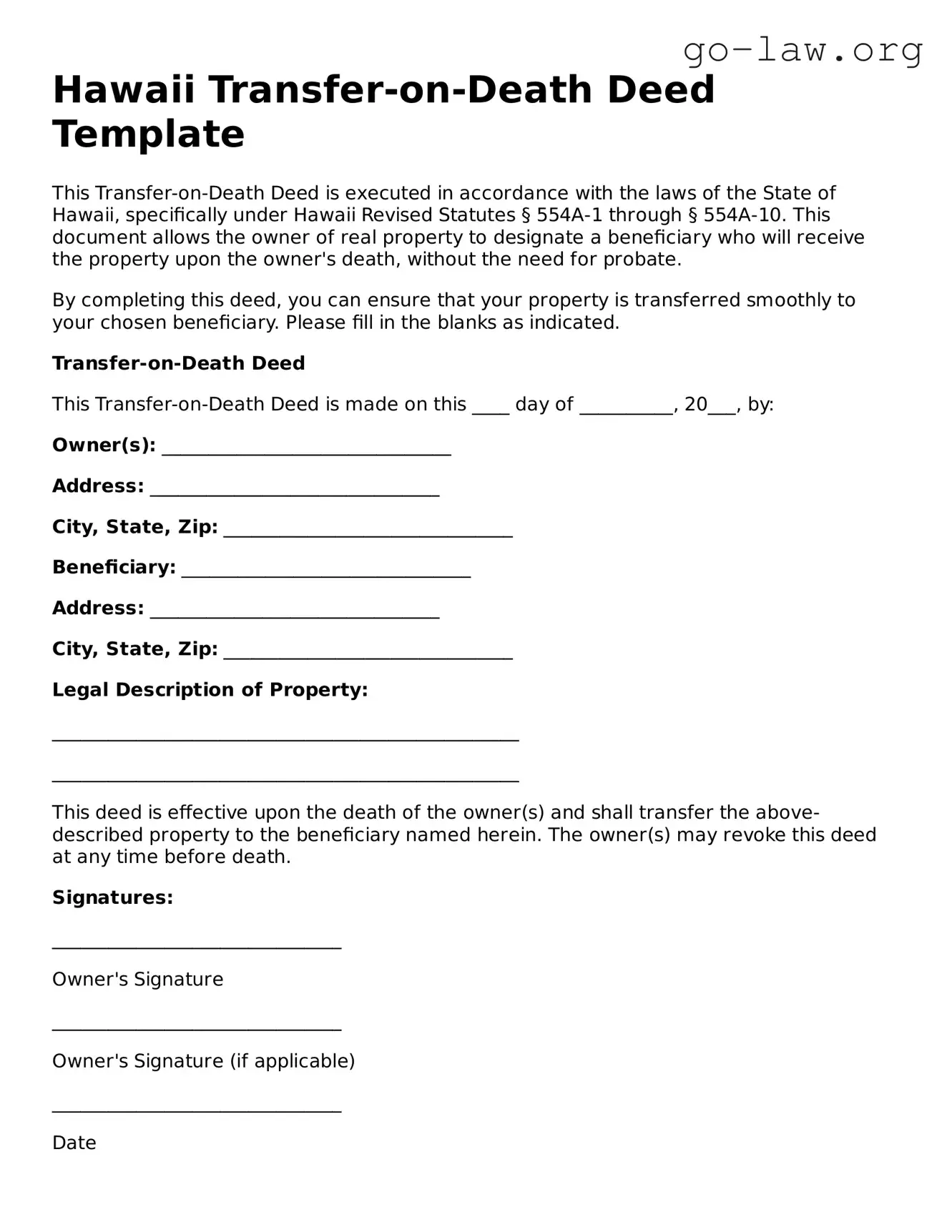 Fillable Hawaii Transfer-on-Death Deed Form