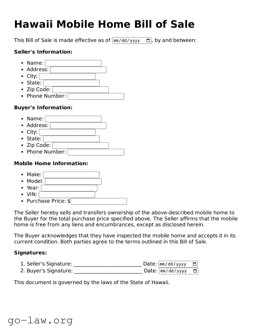 Fillable Hawaii Mobile Home Bill of Sale Form