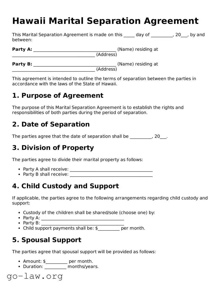 Fillable Hawaii Marital Separation Agreement Form
