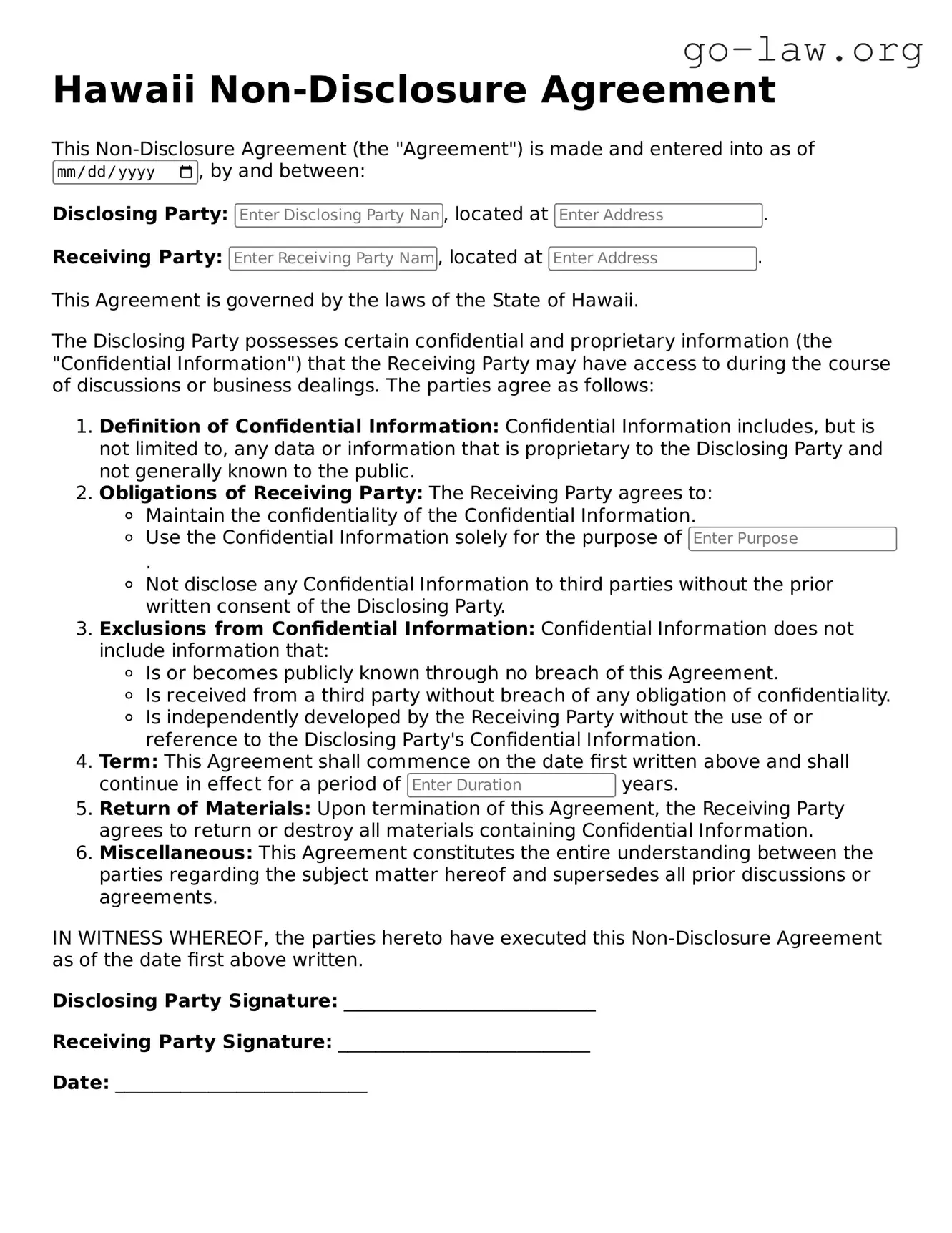 Fillable Hawaii Non-disclosure Agreement Form