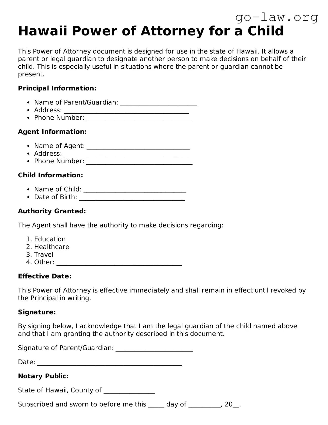 Fillable Hawaii Power of Attorney for a Child Form