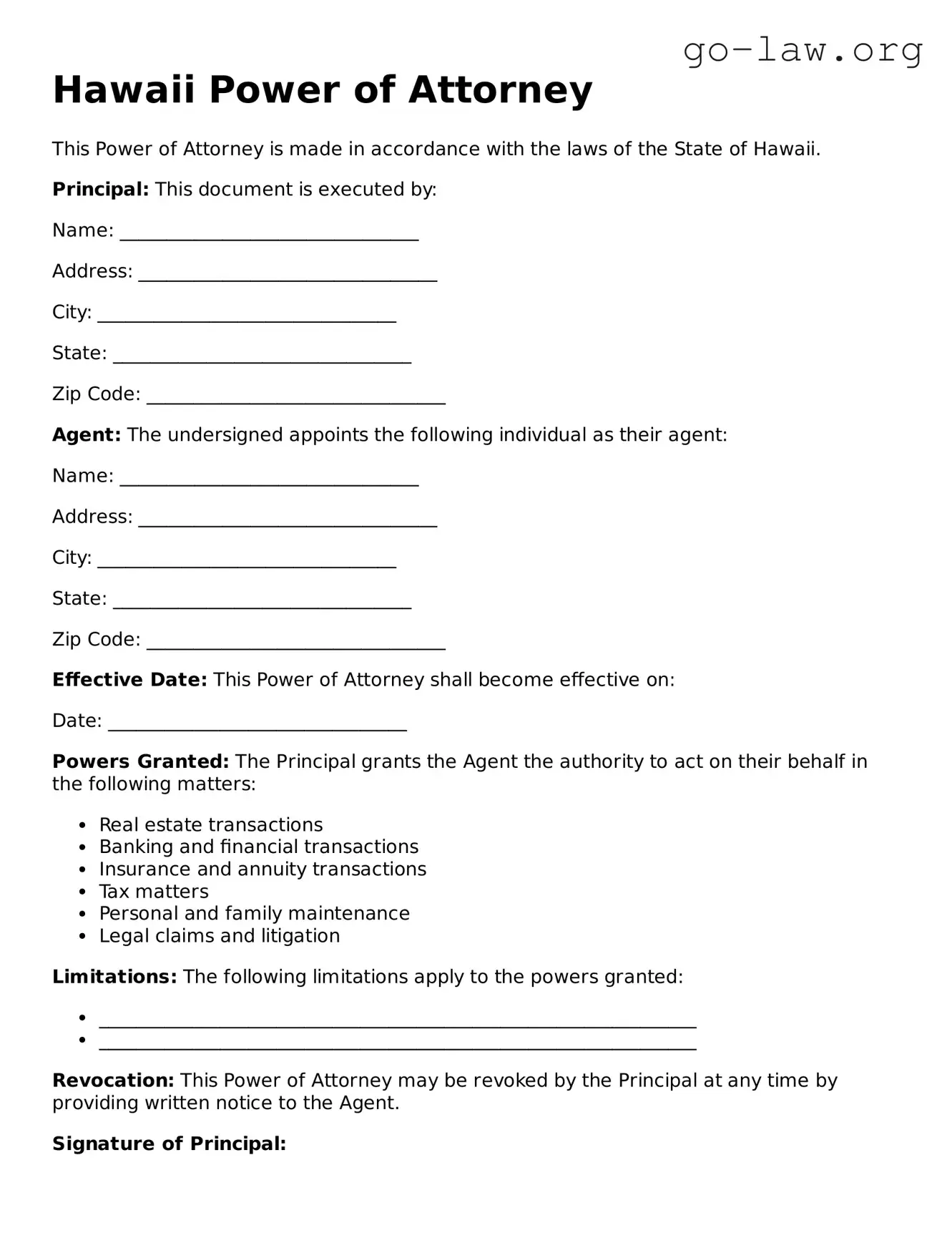 Fillable Hawaii Power of Attorney Form