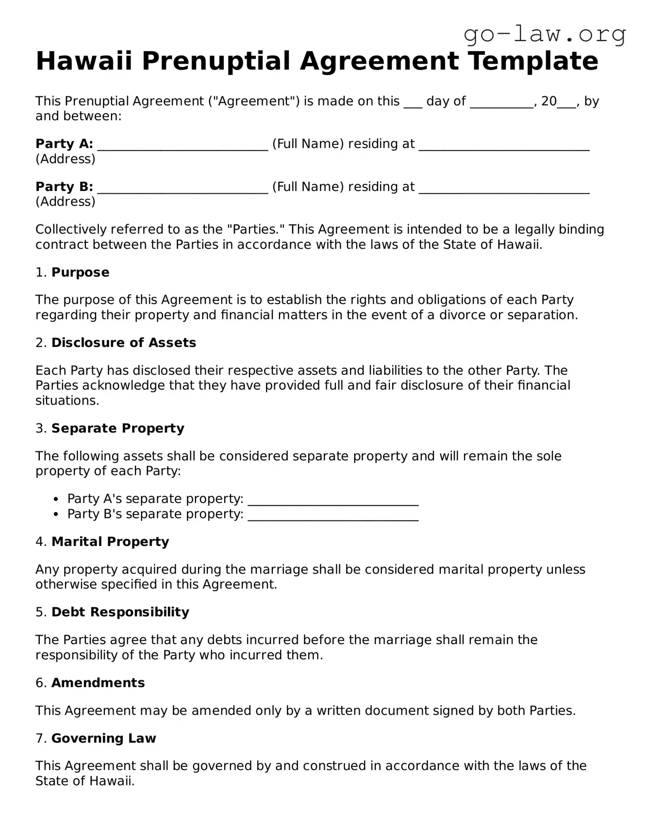 Fillable Hawaii Prenuptial Agreement Form