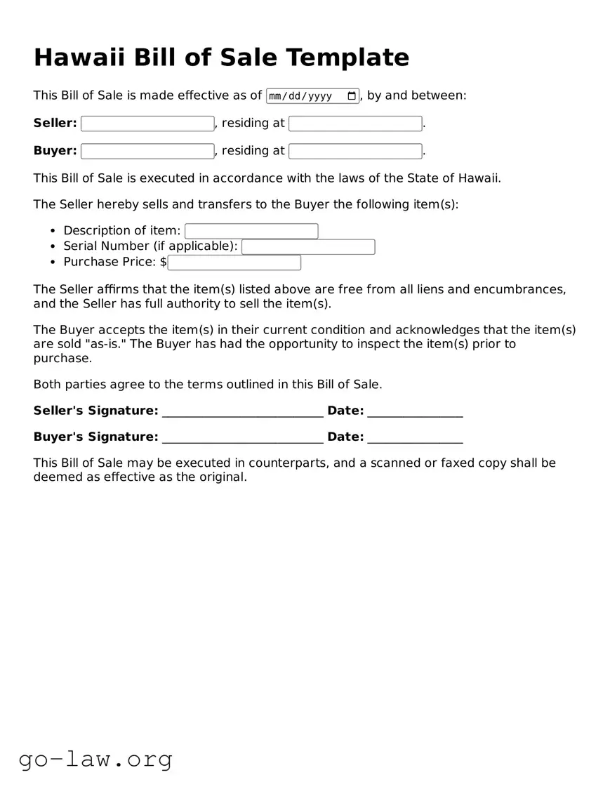 Fillable Hawaii Bill of Sale Form