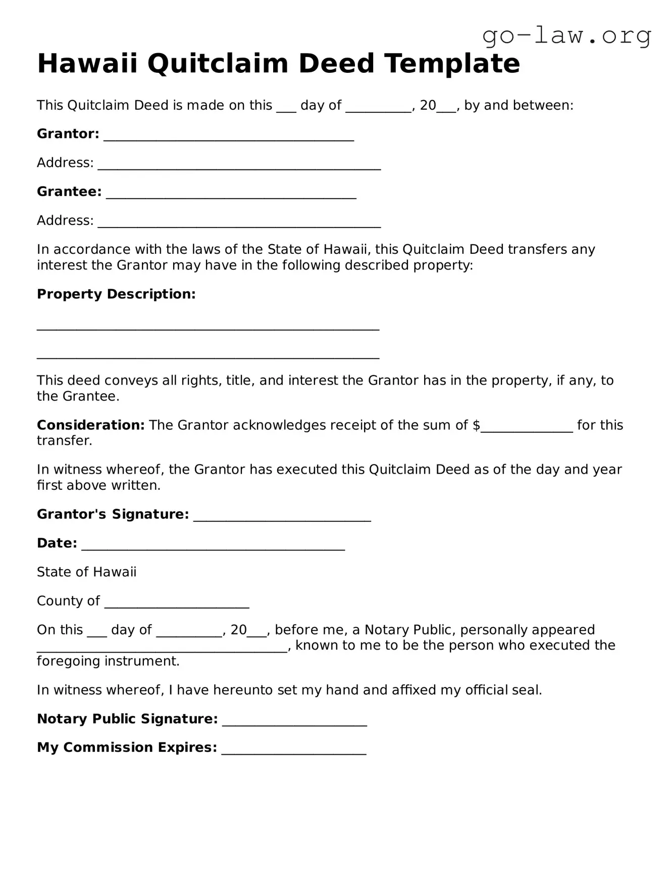 Fillable Hawaii Quitclaim Deed Form