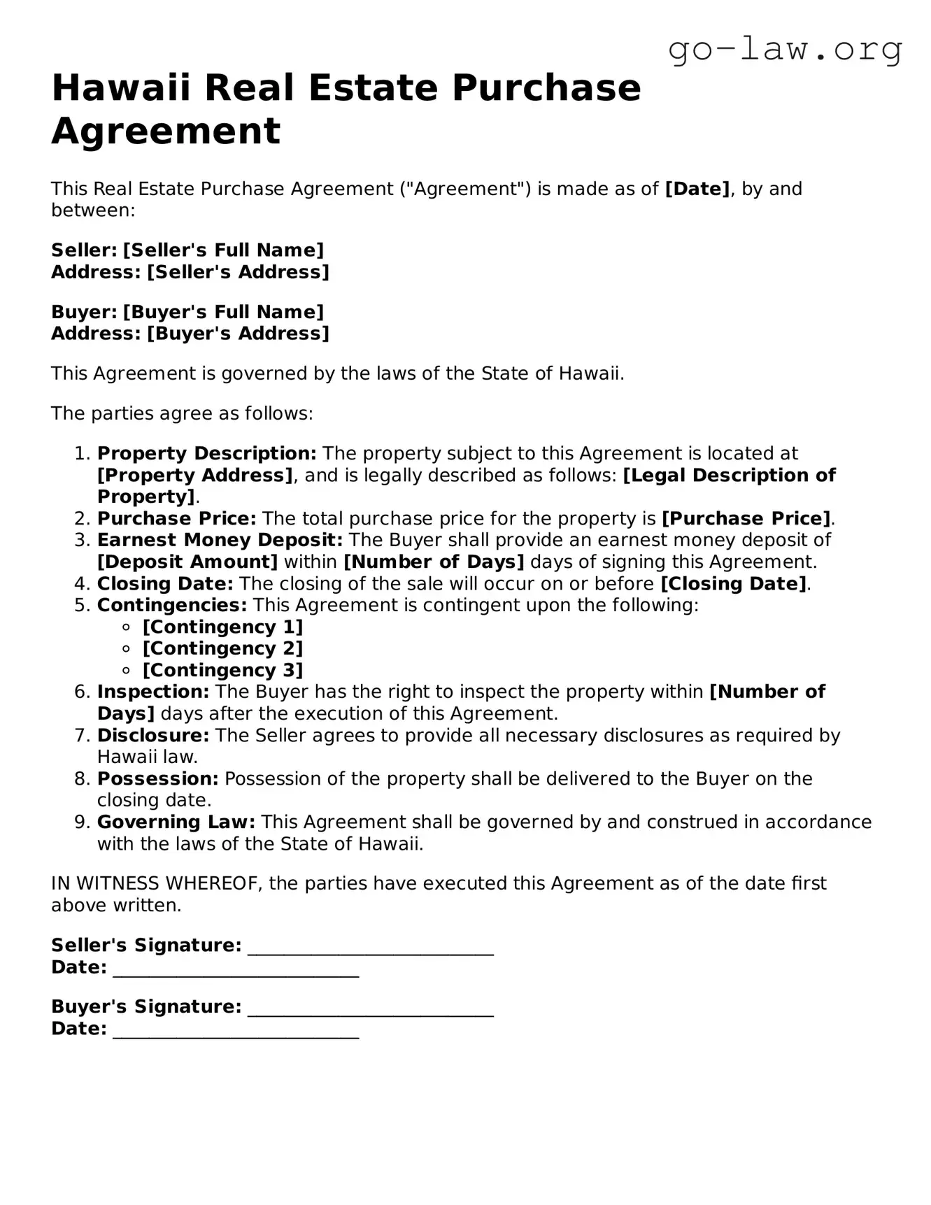 Fillable Hawaii Real Estate Purchase Agreement Form
