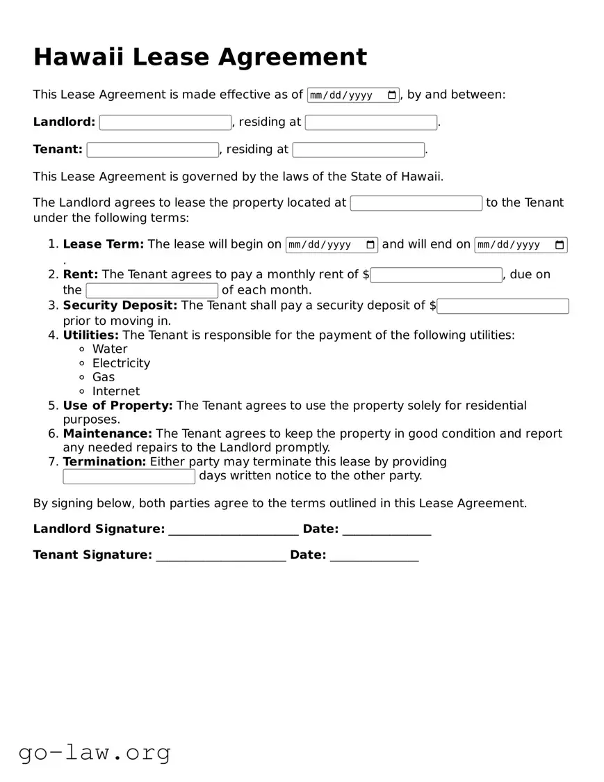 Fillable Hawaii Lease Agreement Form