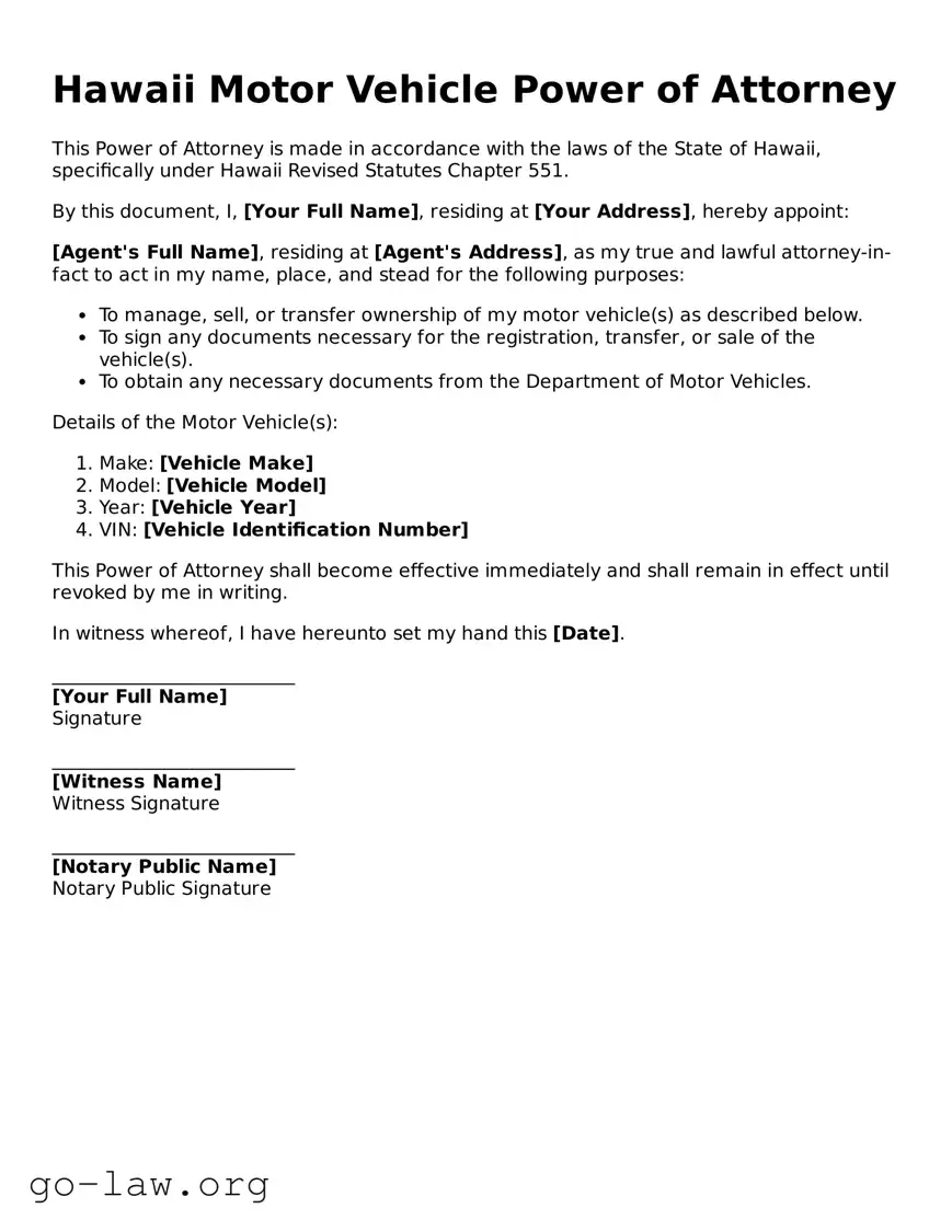 Fillable Hawaii Motor Vehicle Power of Attorney Form