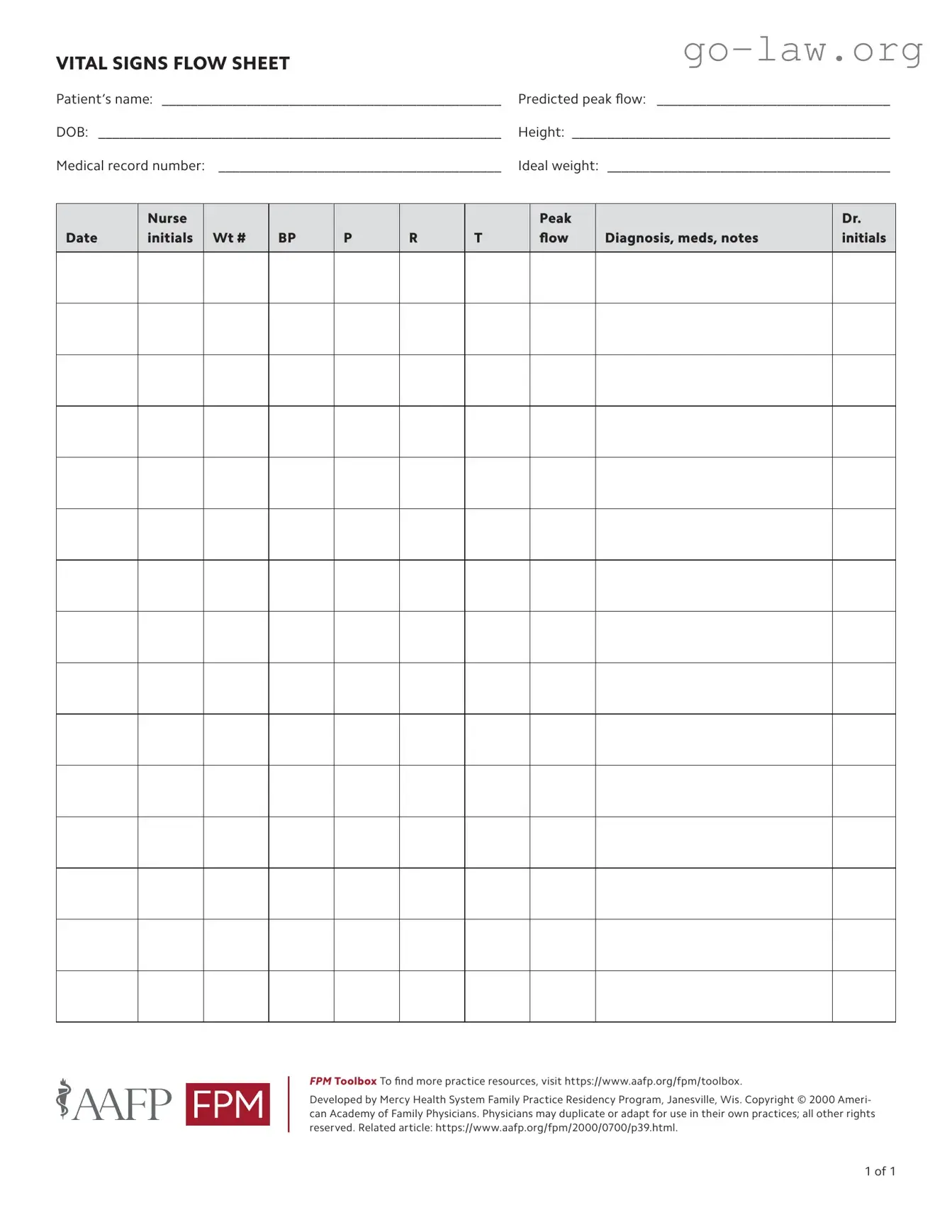 Download Vital Signs Flow Sheet Form in PDF