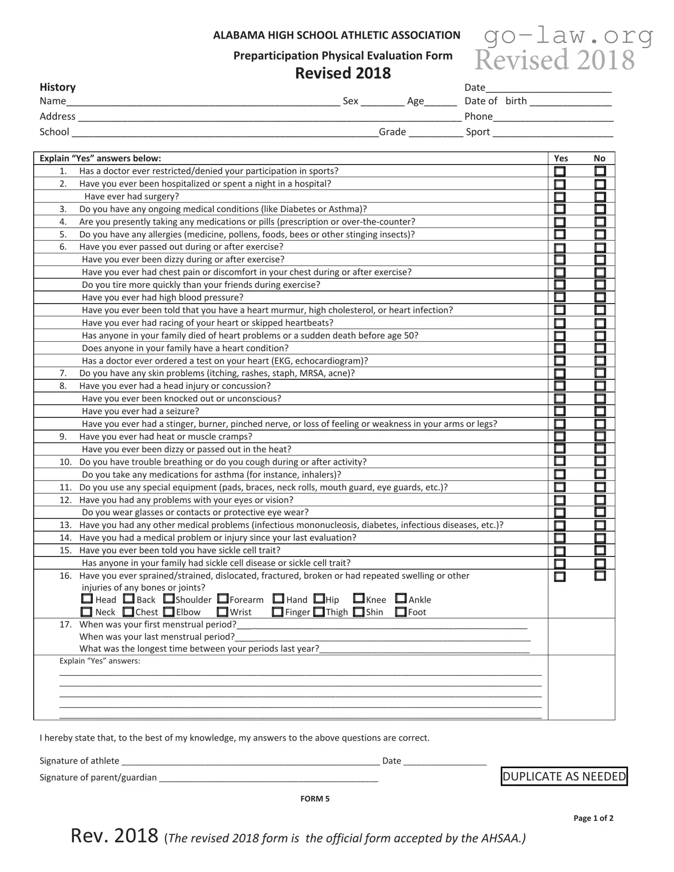 Download Alabama High School Physical Form in PDF
