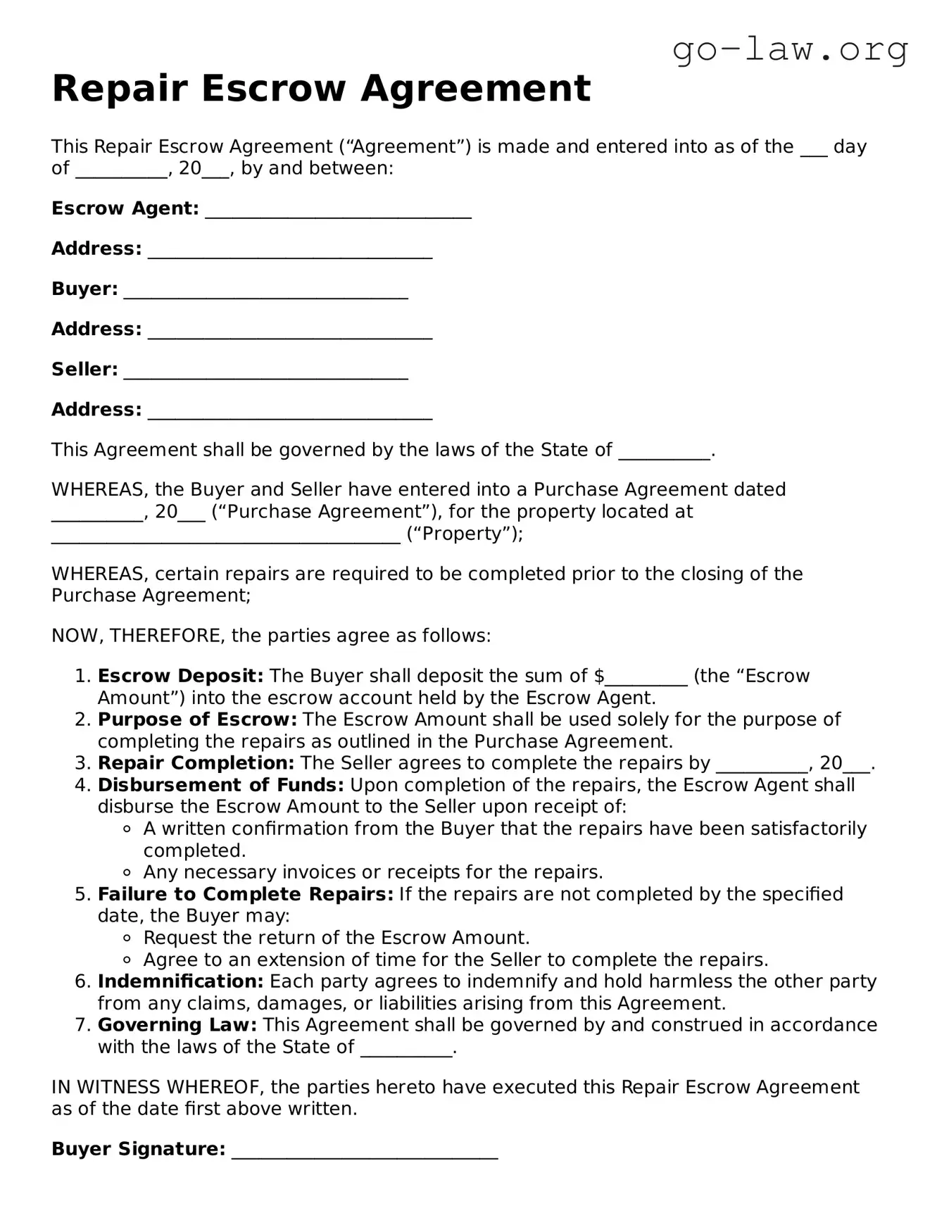 Blank Repair Escrow Agreement Template