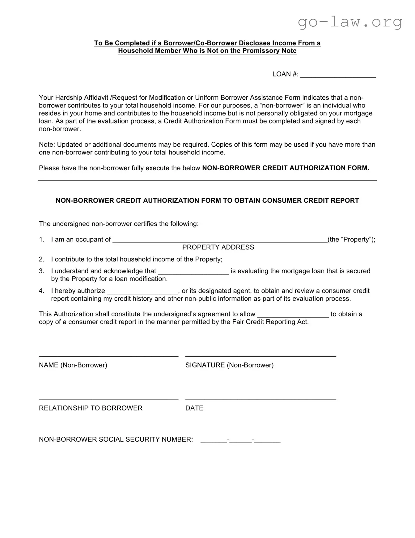 Download Non Borrower Credit Authorization Form in PDF