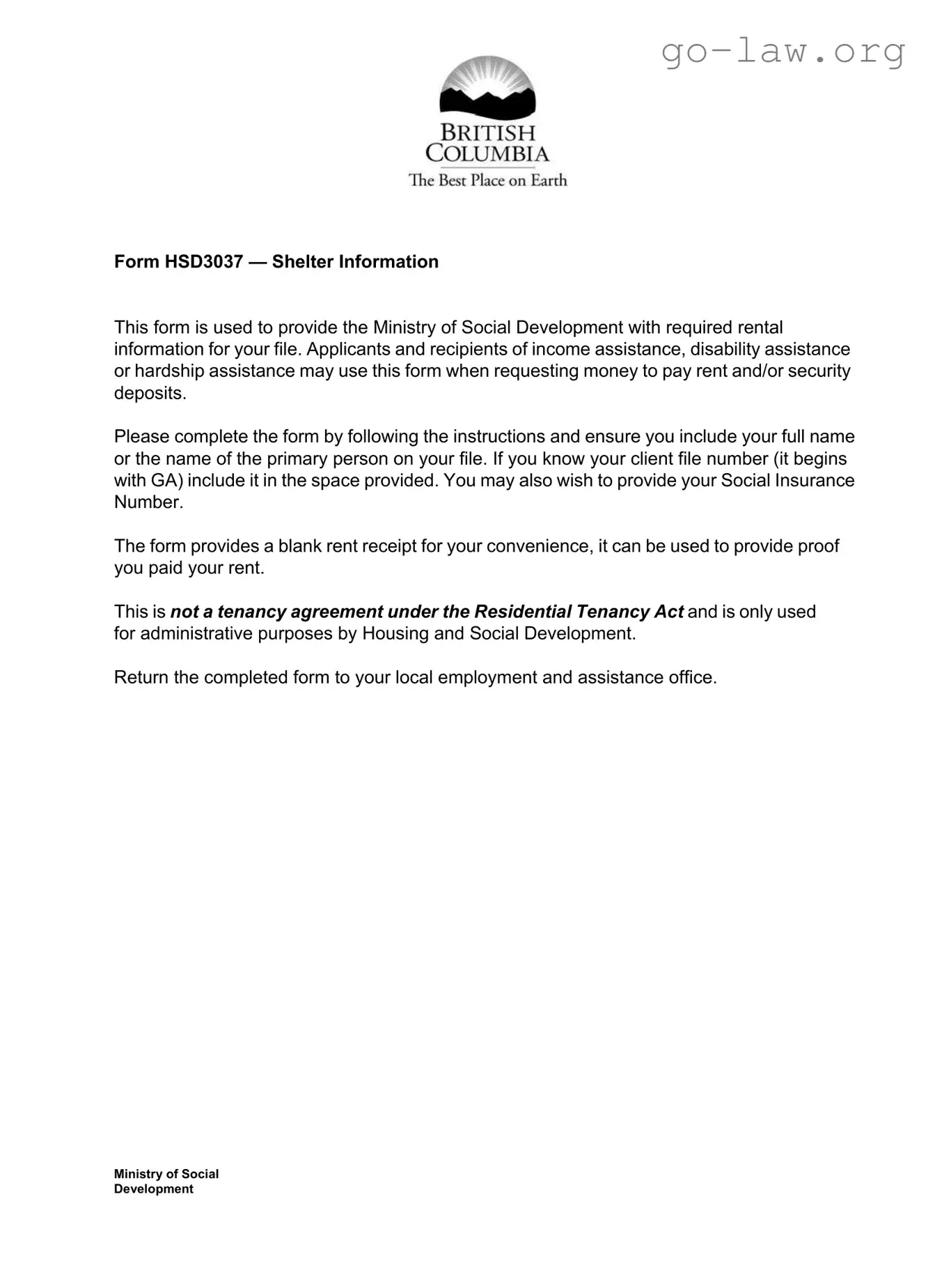 Download Bc Shelter Information Form in PDF