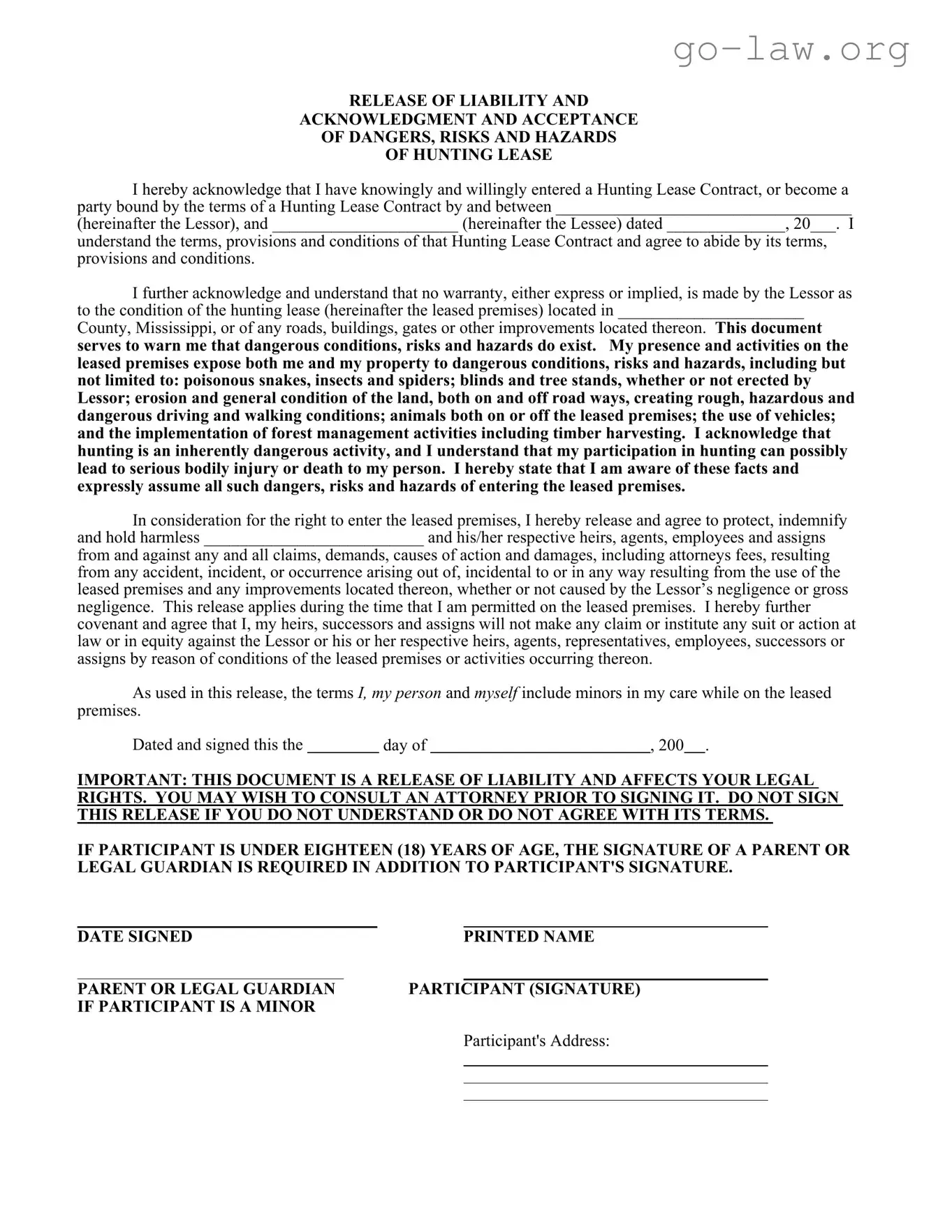 Download Liability Hunting Form in PDF