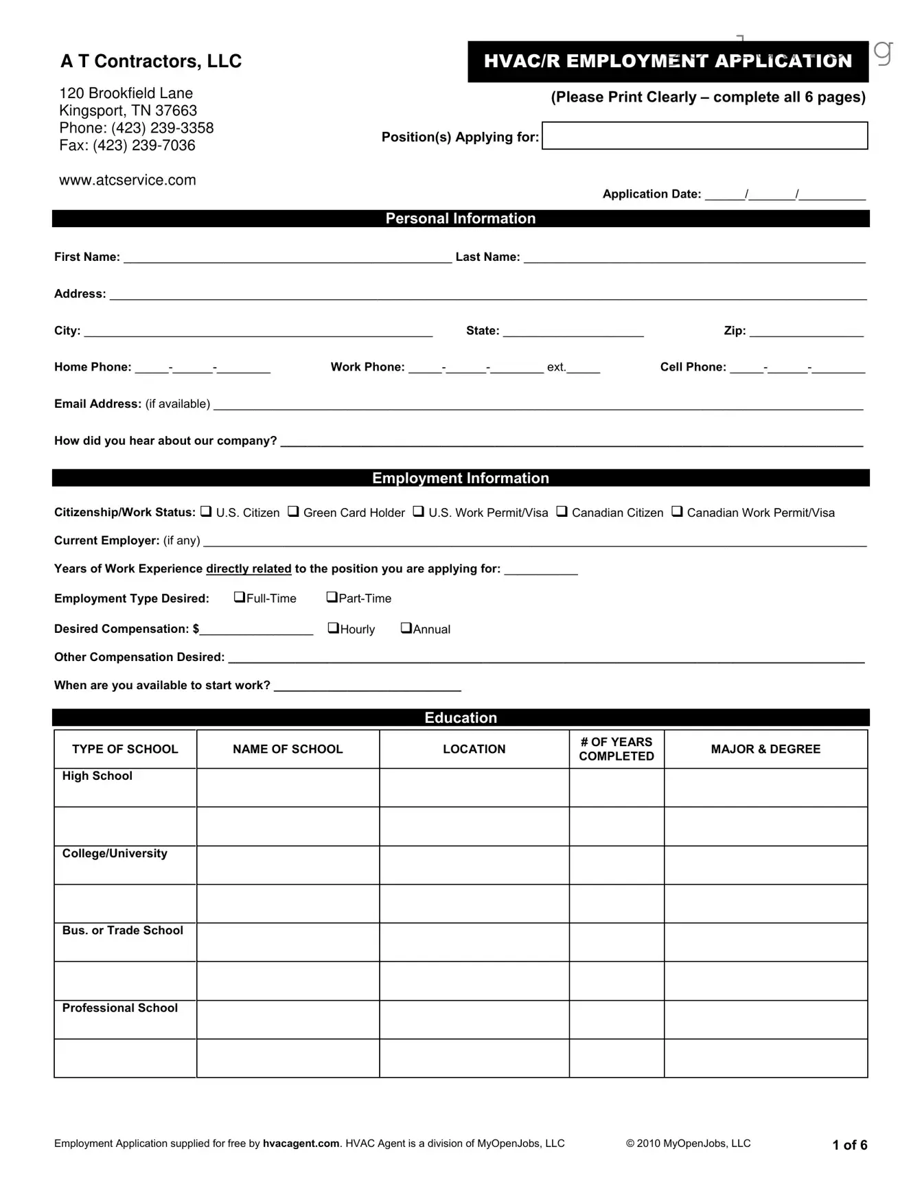 Download Hvac Job Application Form in PDF