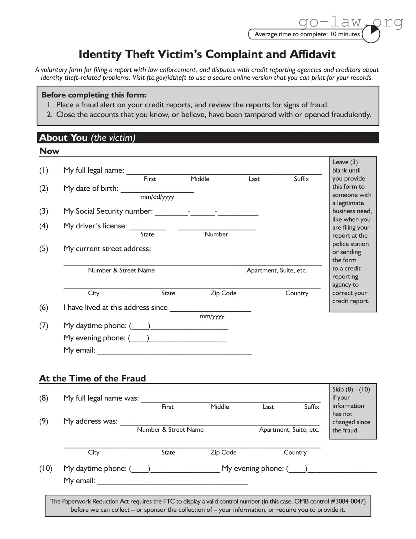 Download Ftc Identity Theft Affidavit Form in PDF