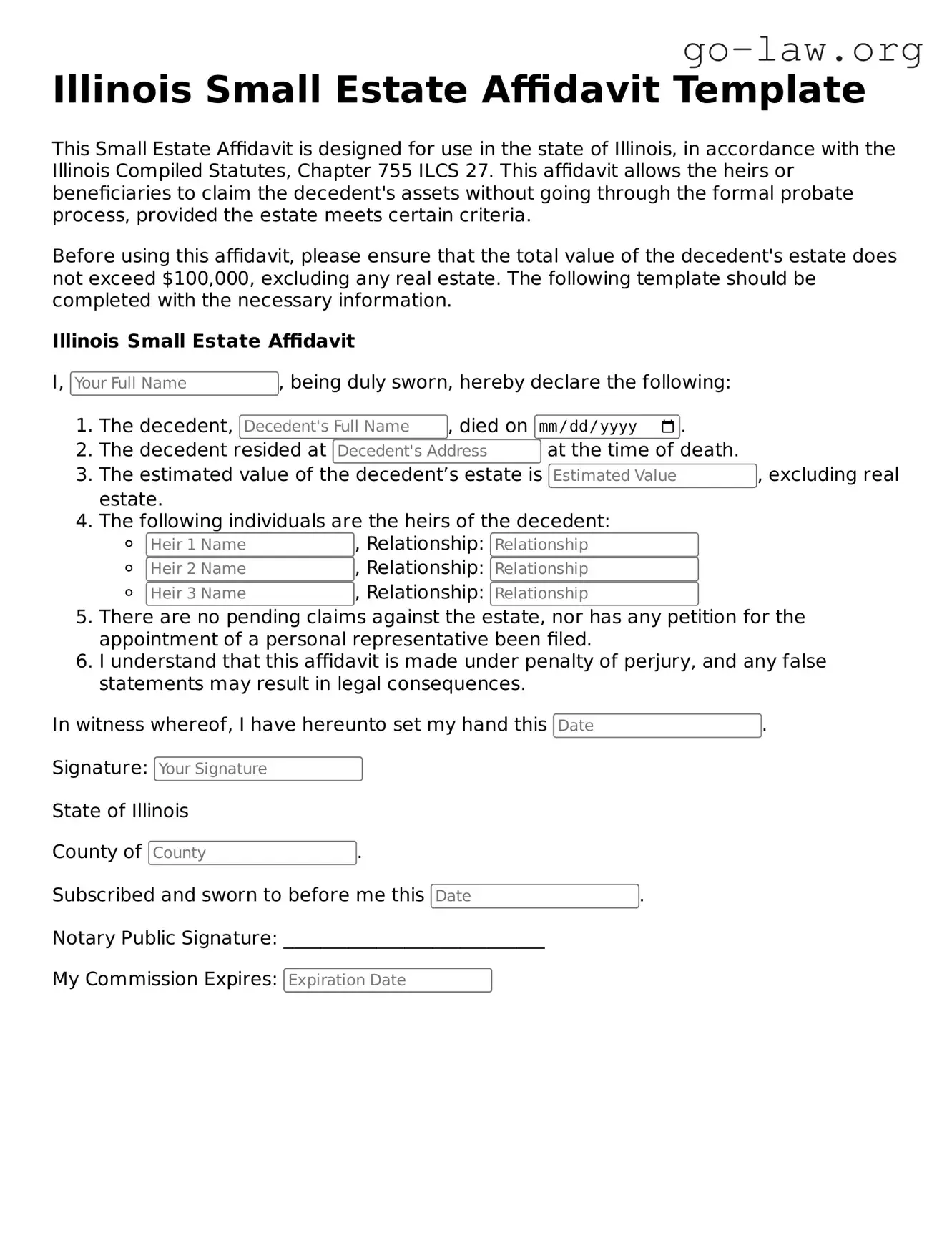 Fillable Illinois Small Estate Affidavit Form