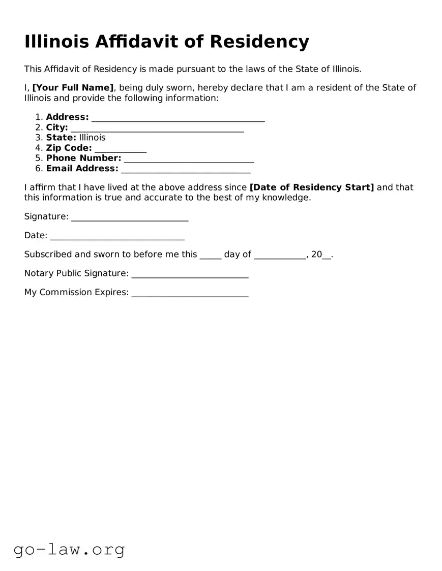 Fillable Illinois Affidavit of Residency Form