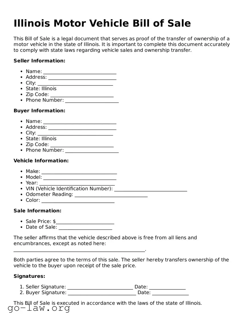 Fillable Illinois Motor Vehicle Bill of Sale Form