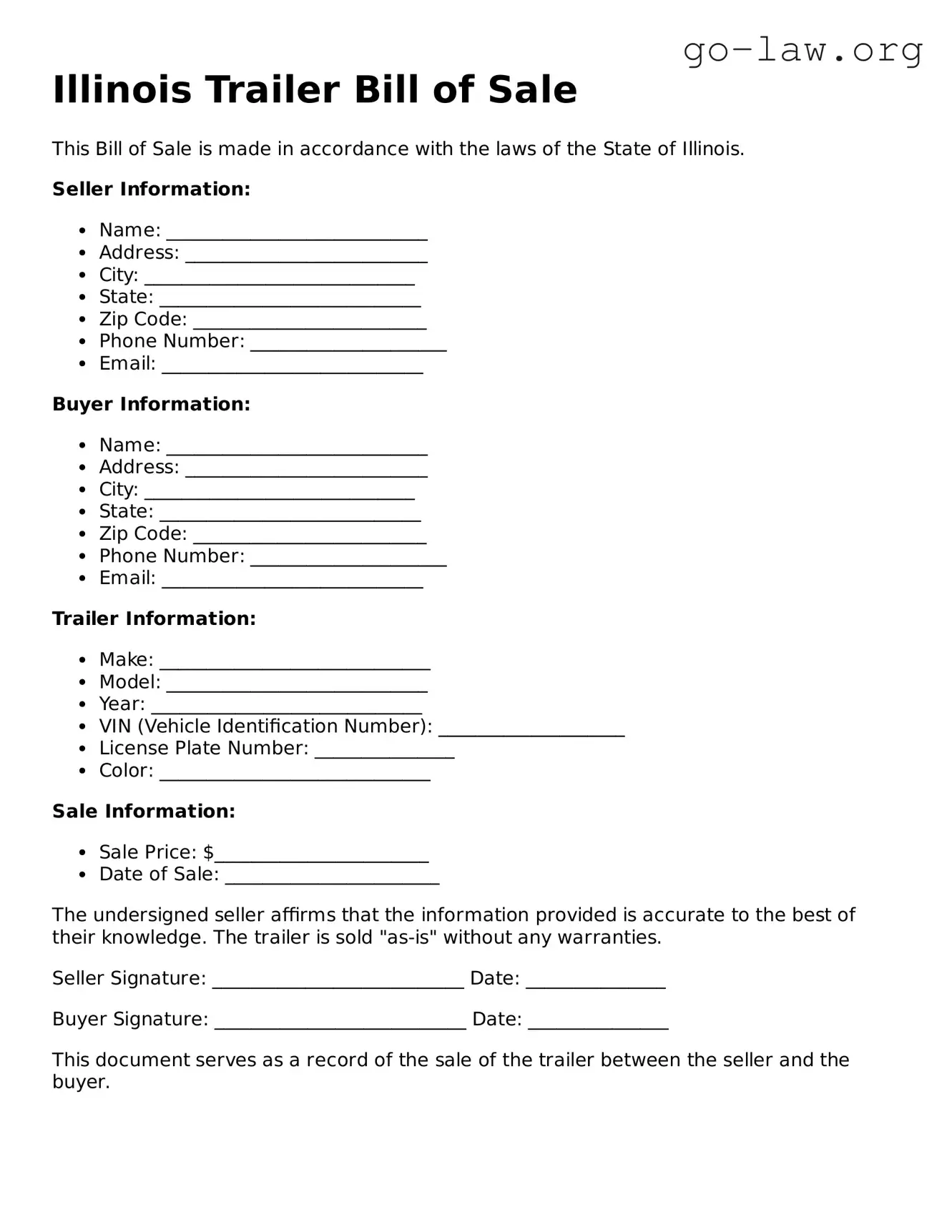 Fillable Illinois Trailer Bill of Sale Form