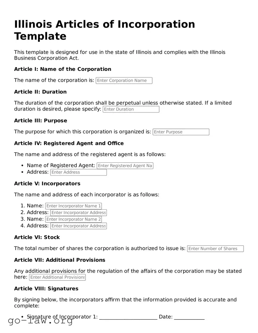 Fillable Illinois Articles of Incorporation Form