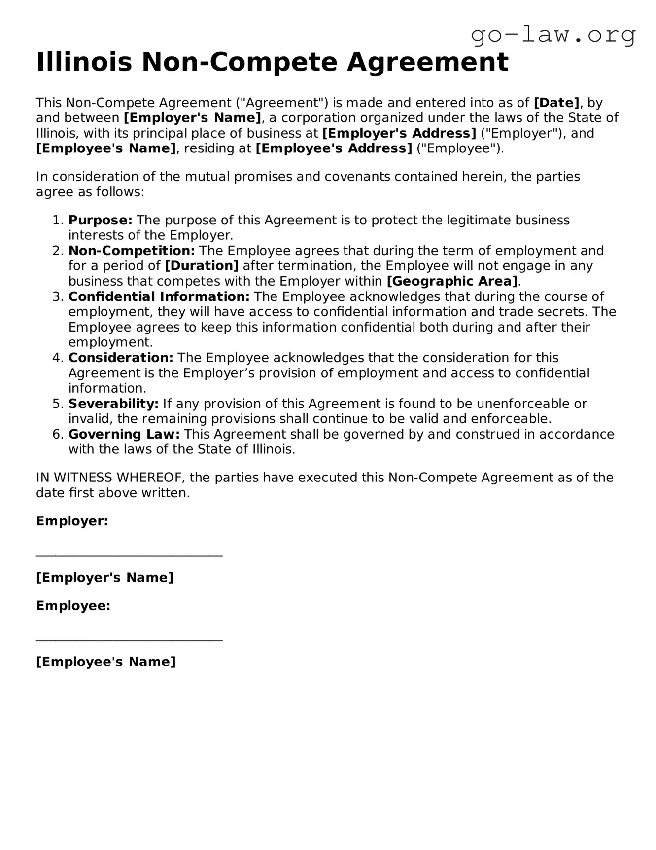 Fillable Illinois Non-compete Agreement Form