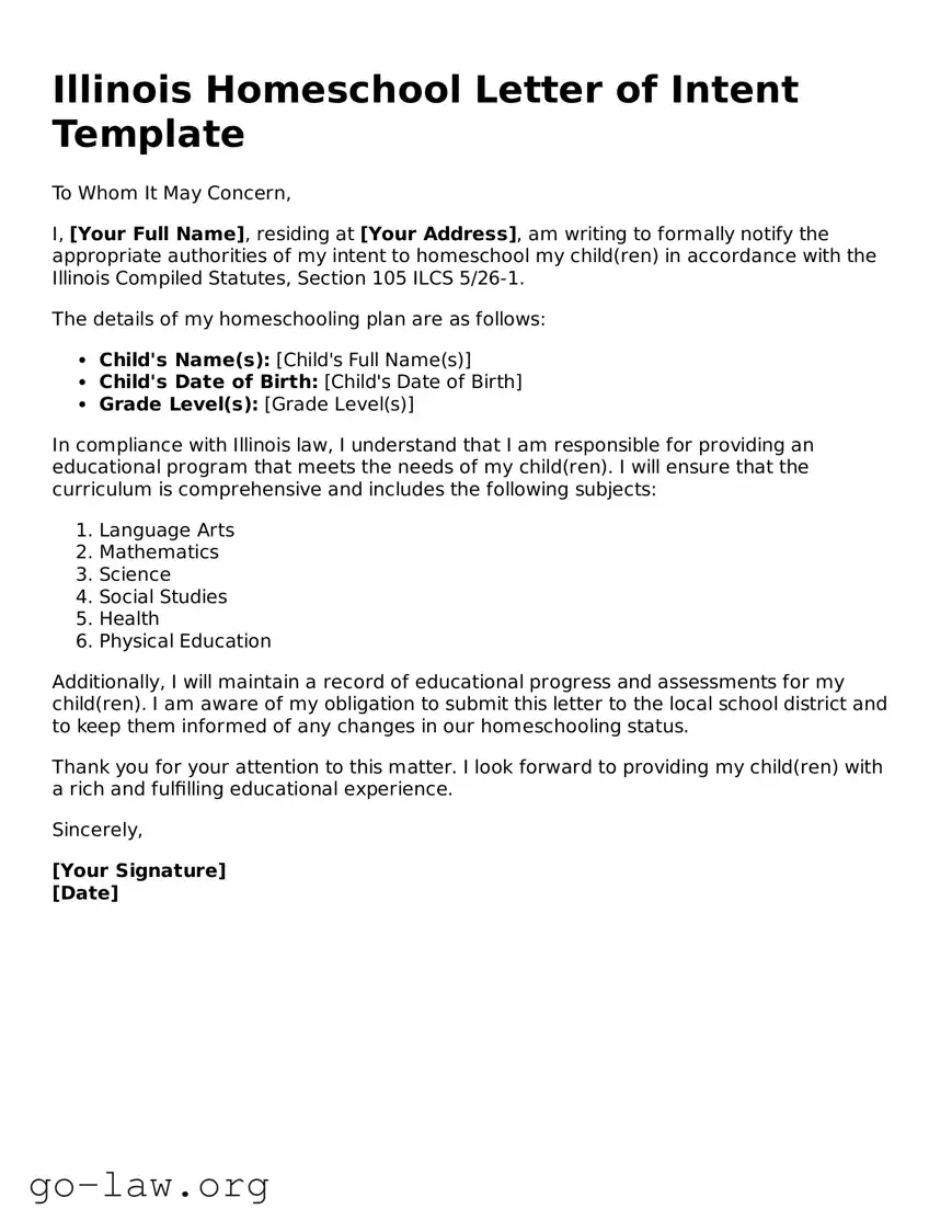 Fillable Illinois Homeschool Letter of Intent Form