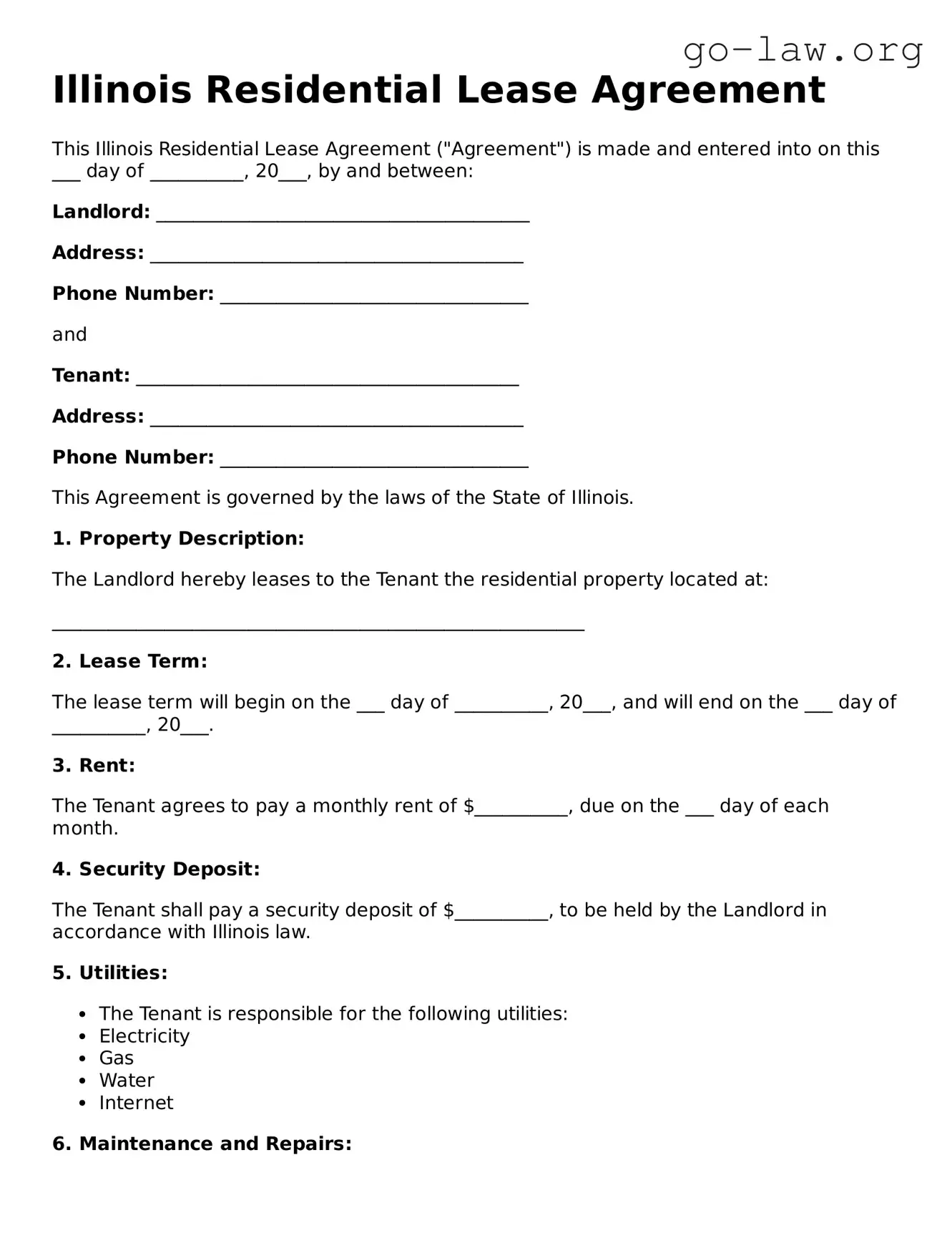 Fillable Illinois Residential Lease Agreement Form