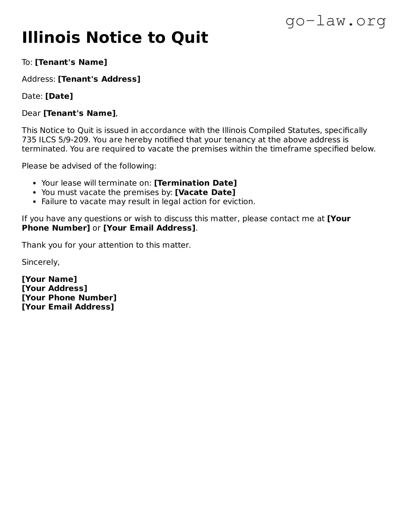 Fillable Illinois Notice to Quit Form