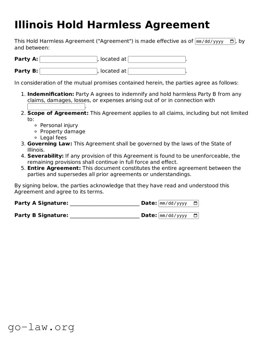 Fillable Illinois Hold Harmless Agreement Form