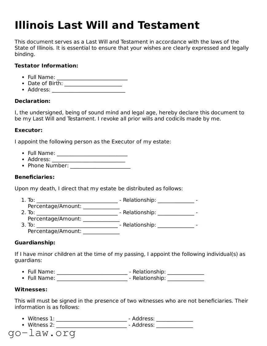 Fillable Illinois Last Will and Testament Form