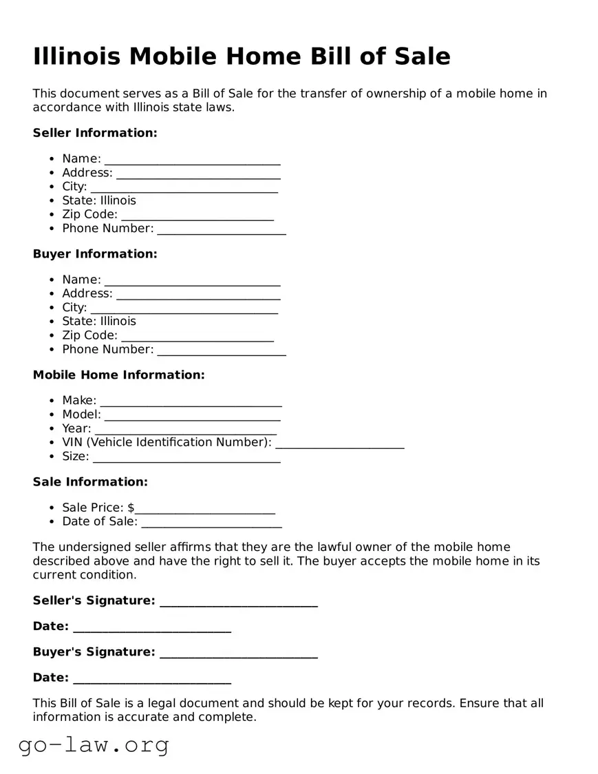 Fillable Illinois Mobile Home Bill of Sale Form