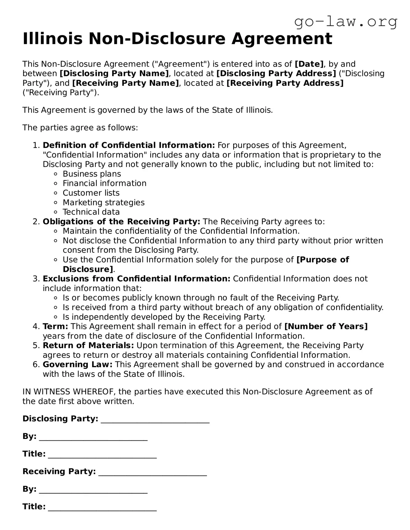 Fillable Illinois Non-disclosure Agreement Form