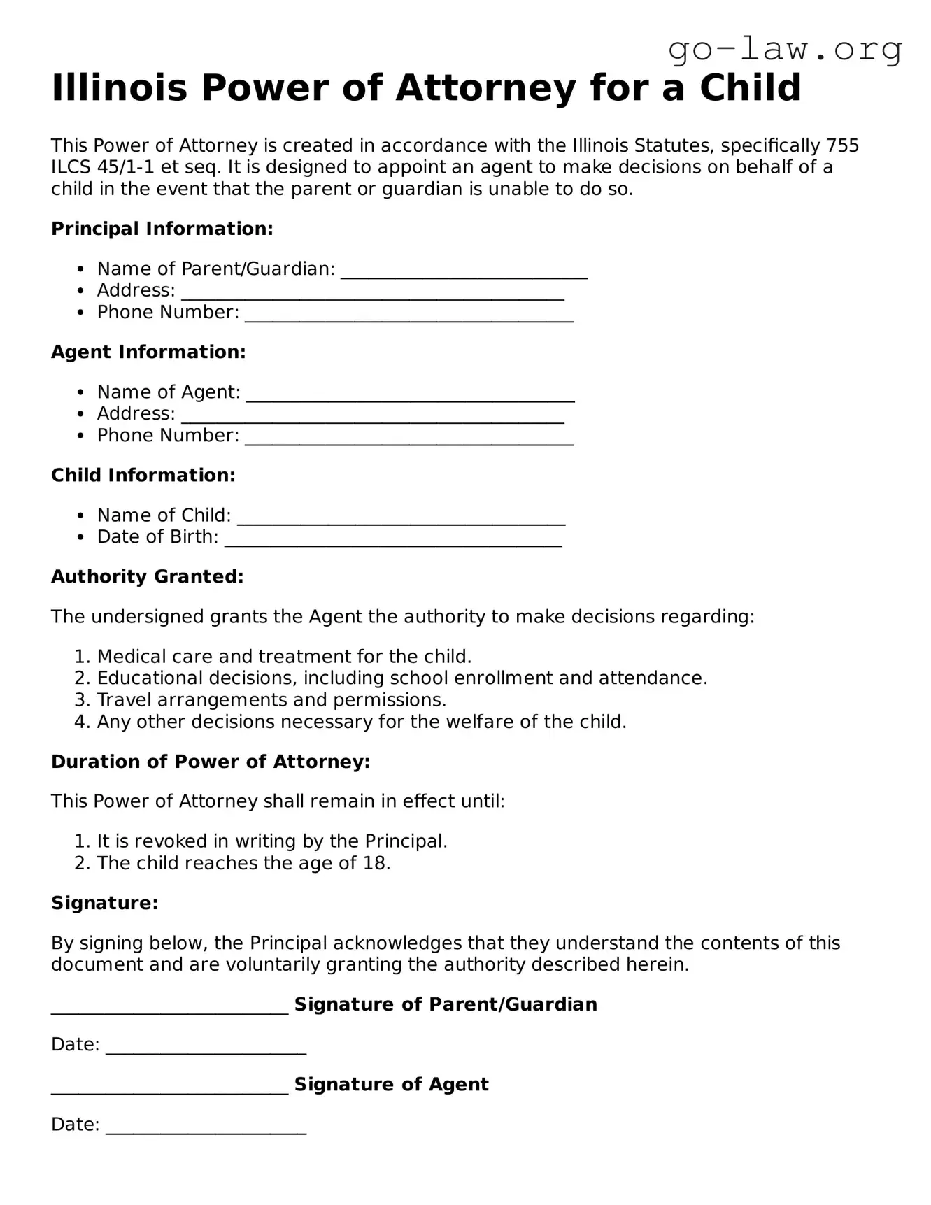 Fillable Illinois Power of Attorney for a Child Form