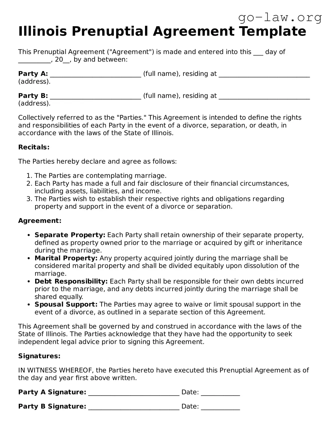Fillable Illinois Prenuptial Agreement Form