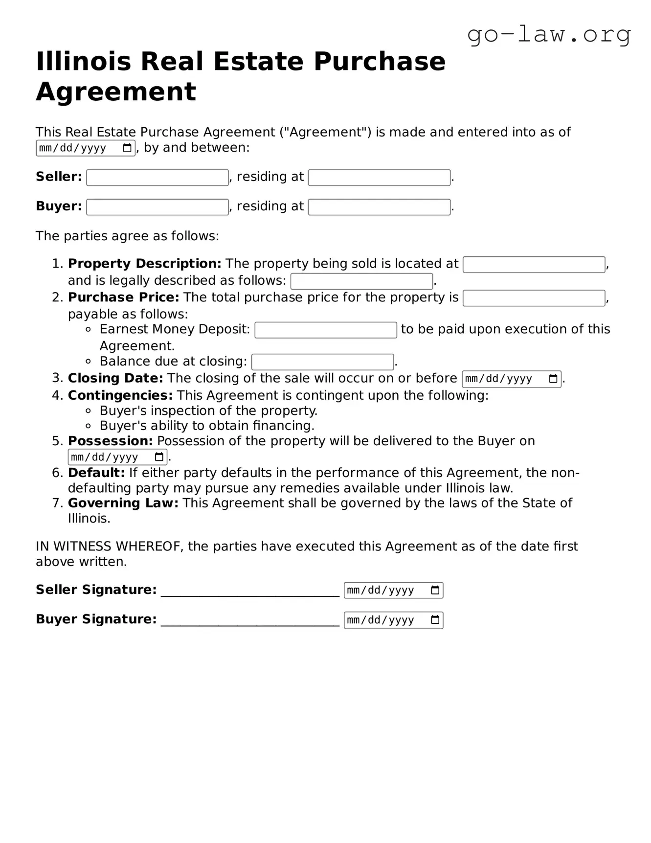 Fillable Illinois Real Estate Purchase Agreement Form