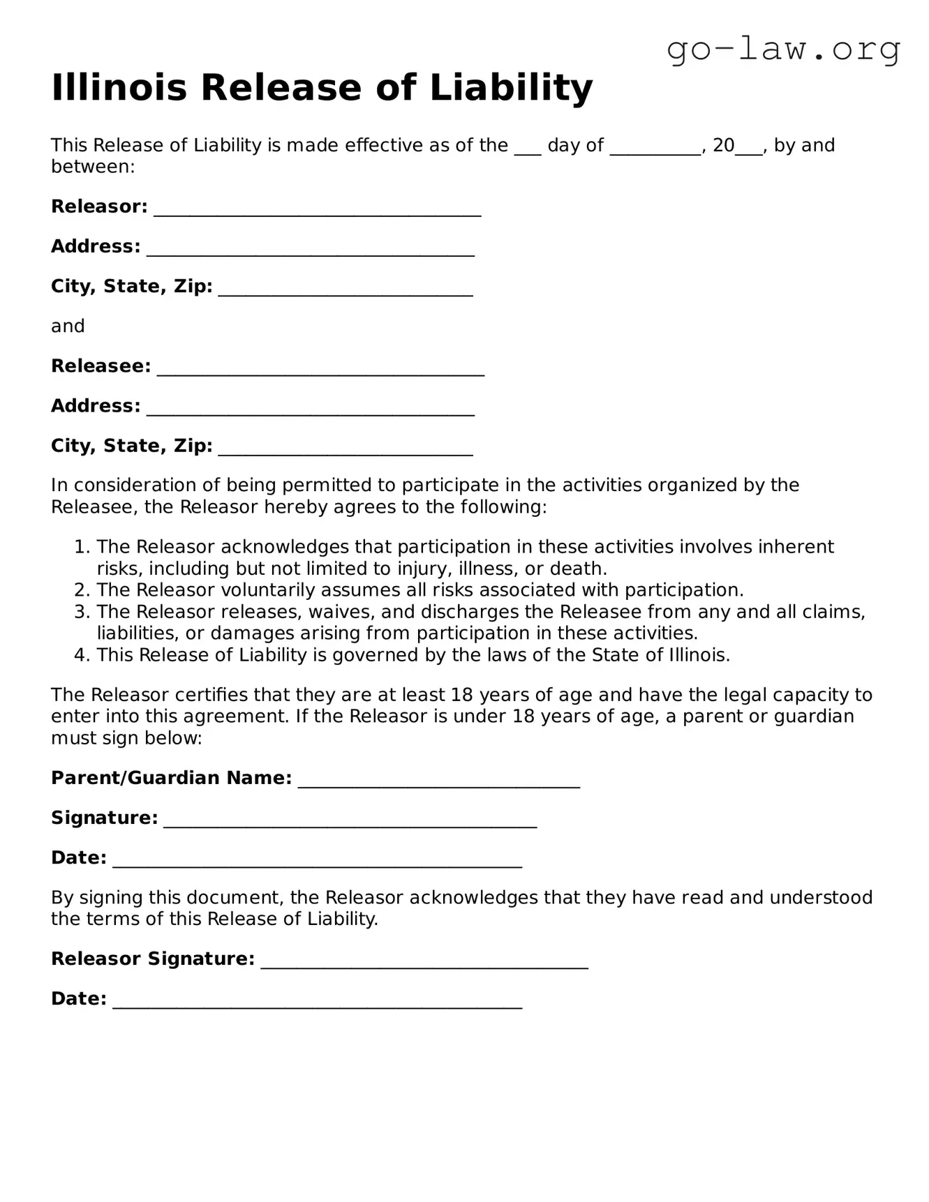 Fillable Illinois Release of Liability Form
