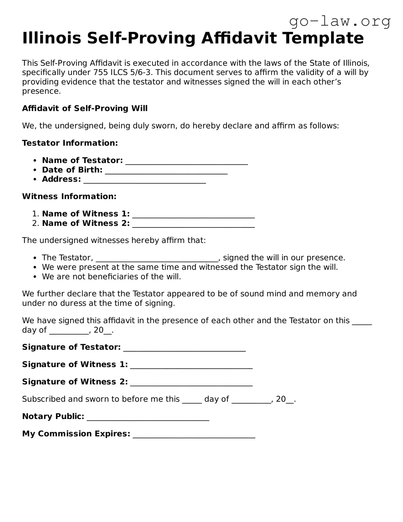Fillable Illinois Self-Proving Affidavit Form