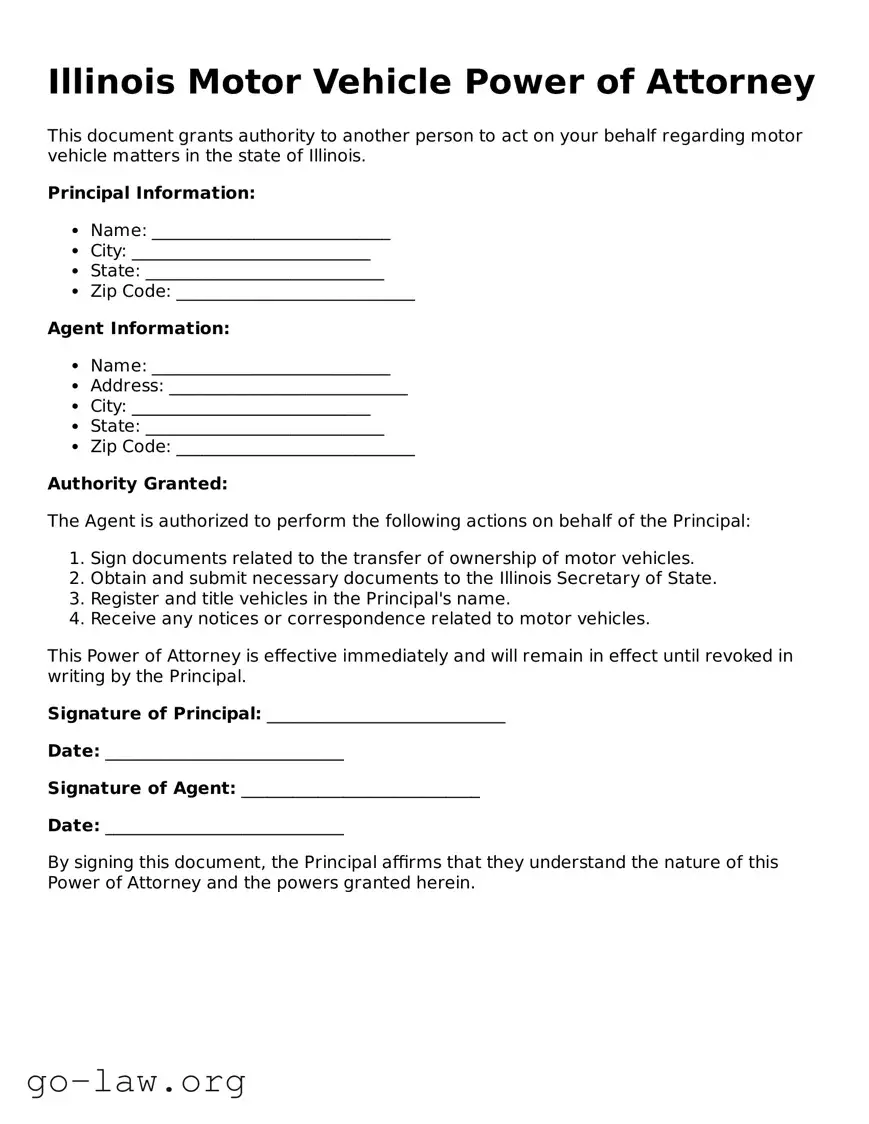Fillable Illinois Motor Vehicle Power of Attorney Form