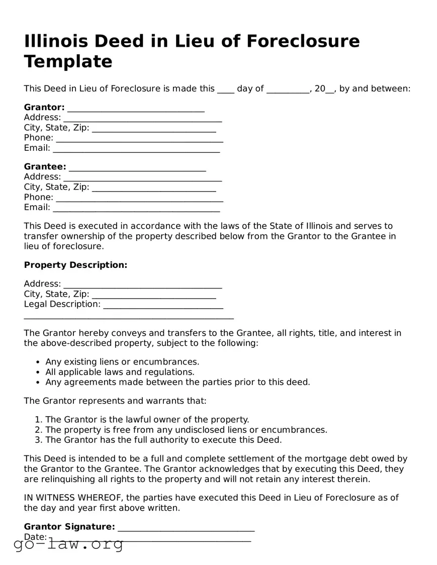 Fillable Illinois Deed in Lieu of Foreclosure Form